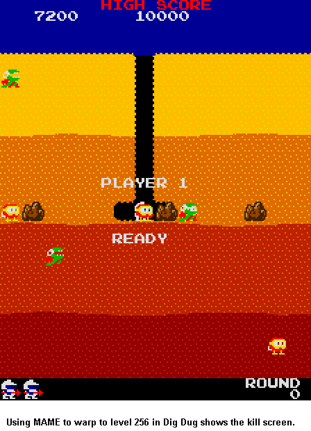 Screenshot of kill screen in Dig Dug, at Level 256